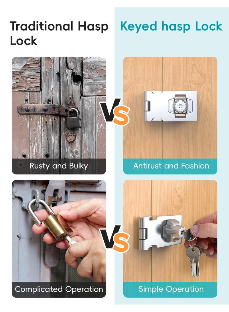 4 Inch Keyed Hasp Lock for Cabinets & Small Doors, Twist Knob Design, Heavy Duty Zinc Alloy with Chrome-Plated Iron, Includes Keys & Screws, Silver - Image 3